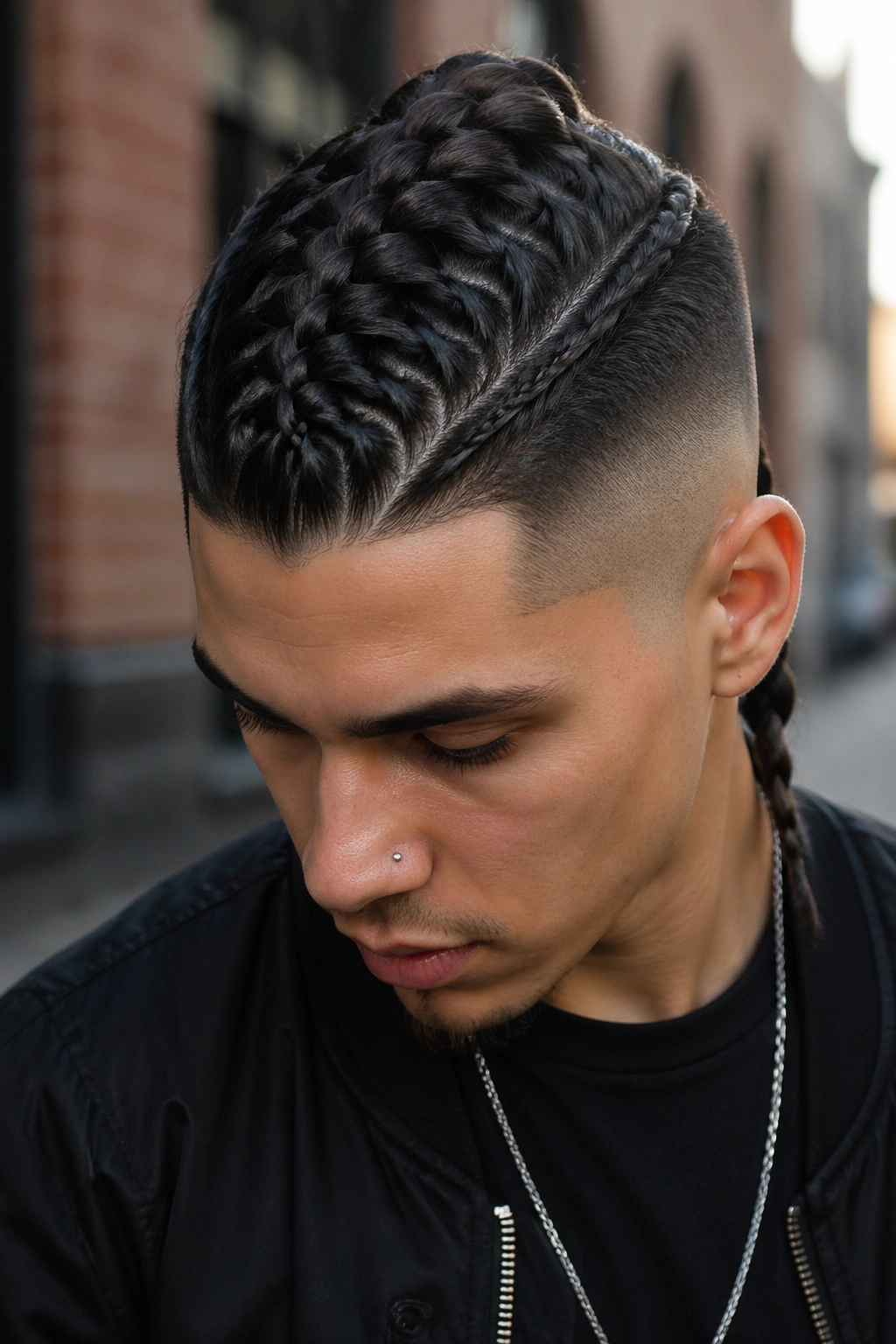 Close-up of a real person with Mohawk Dragon Braid and tight sides in an urban setting