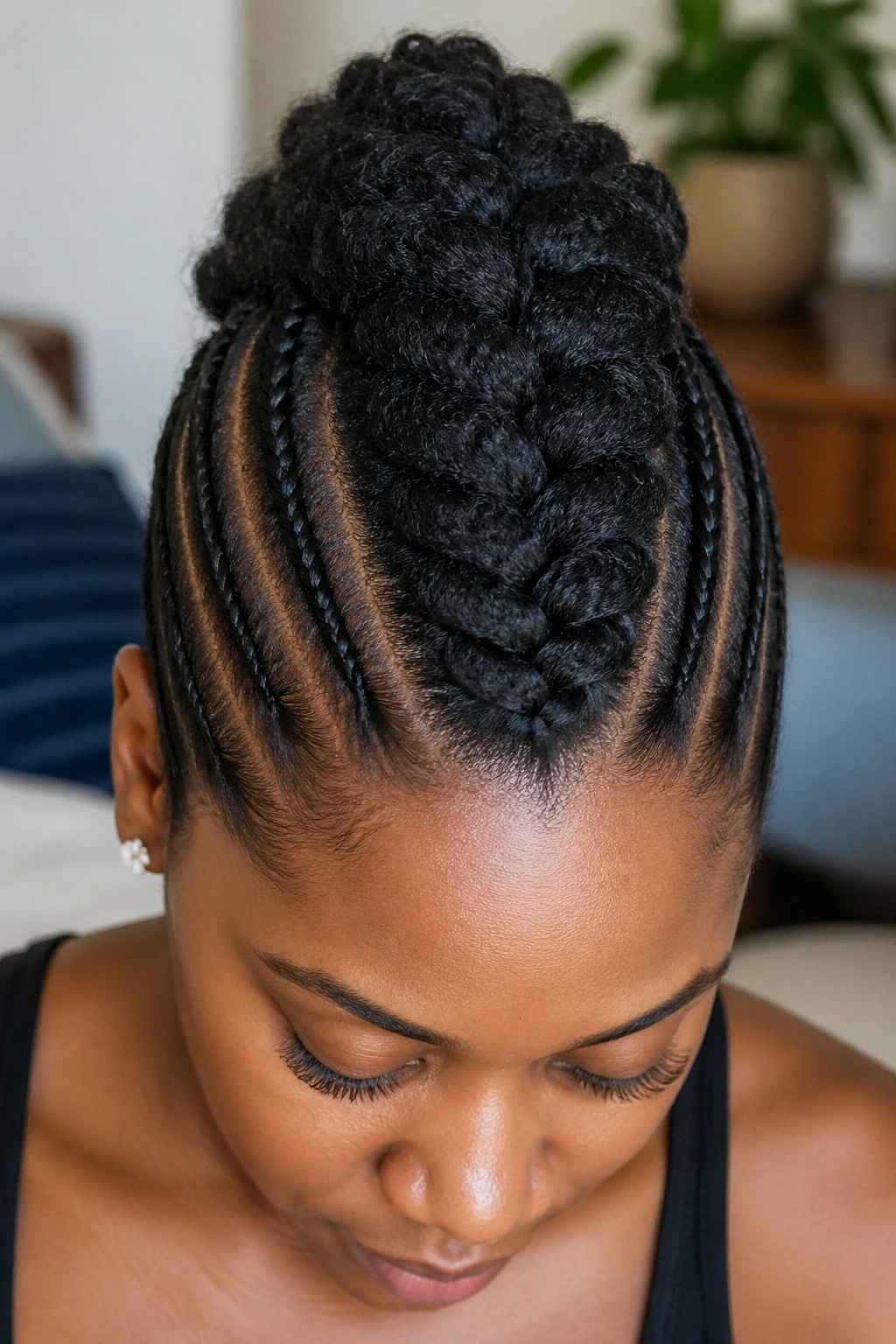 Close-up of Mohawk French braid-out on a real person.