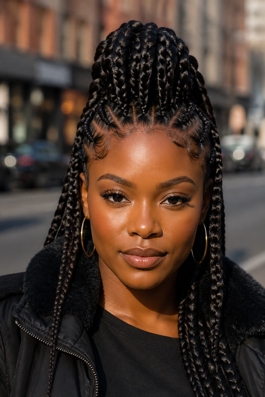 Close-up of mohawk goddess braids on a real person