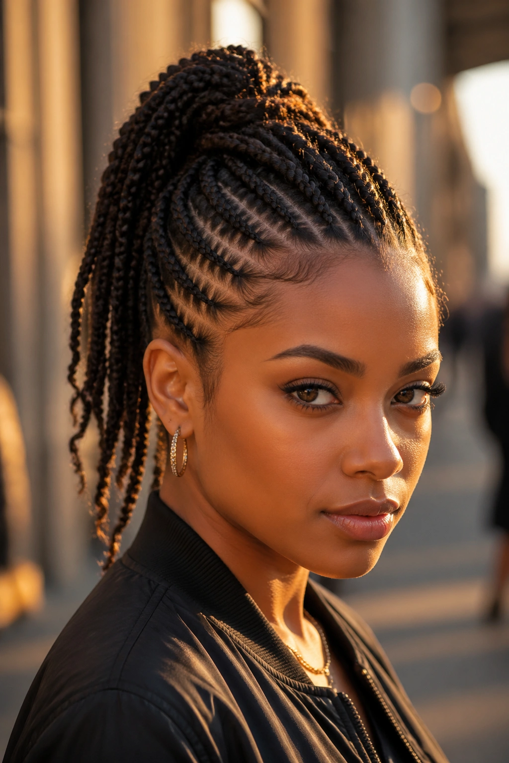 Close-up of a real person with a braided mohawk ponytail and tucked sides