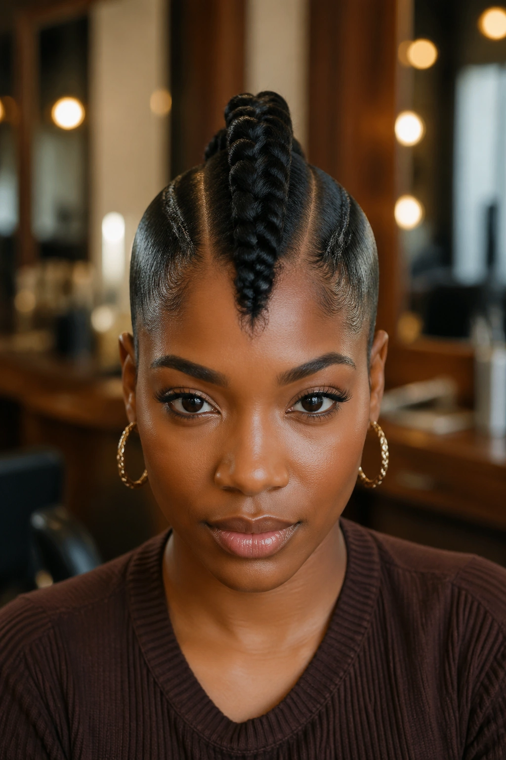 Close-up of a real person with center rope braid Mohawk and slick sides.