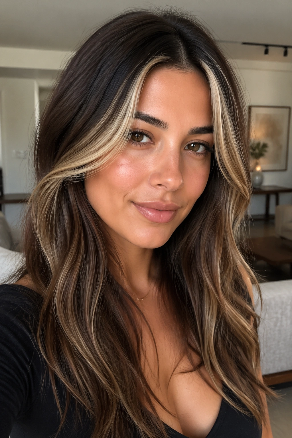 Close-up of money piece balayage with bright front strands framing the face