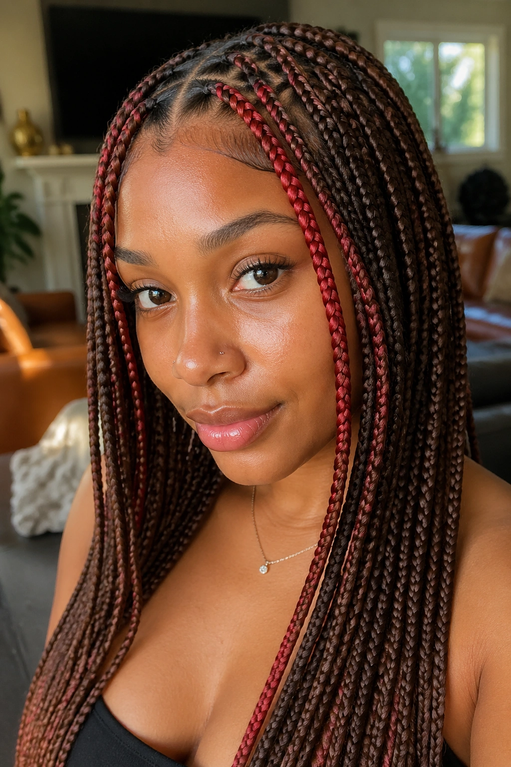 Close-up of a real woman with brown knotless box braids and red money pieces at the temples