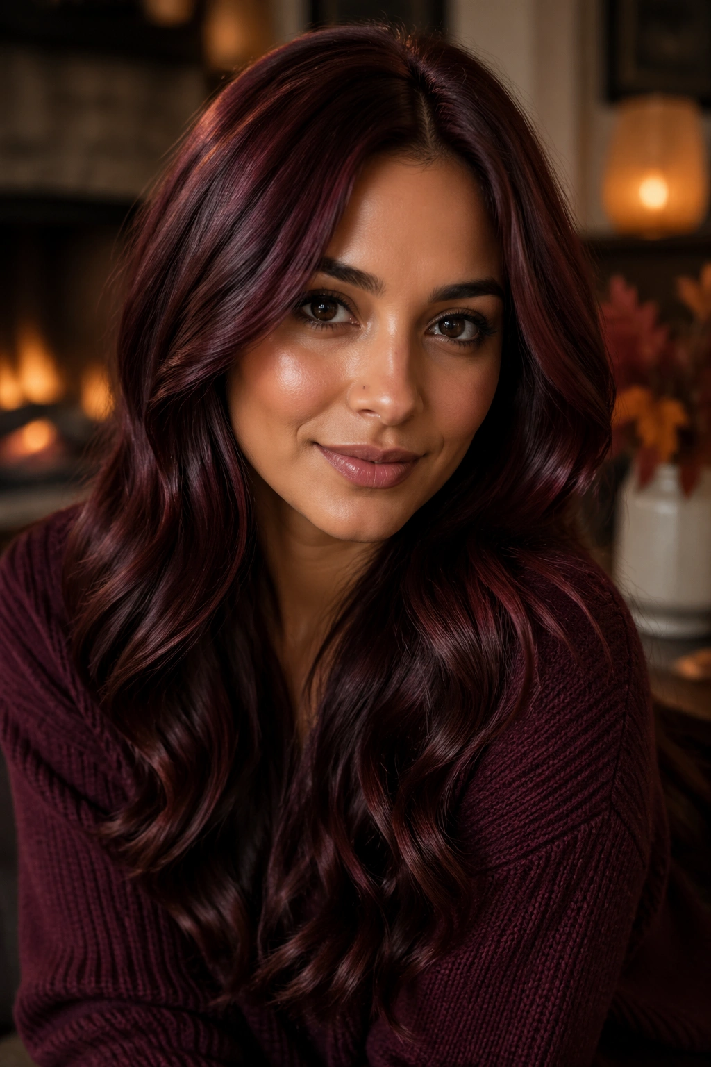 Close-up portrait of a real person with mulled wine brown hair and warm skin tones
