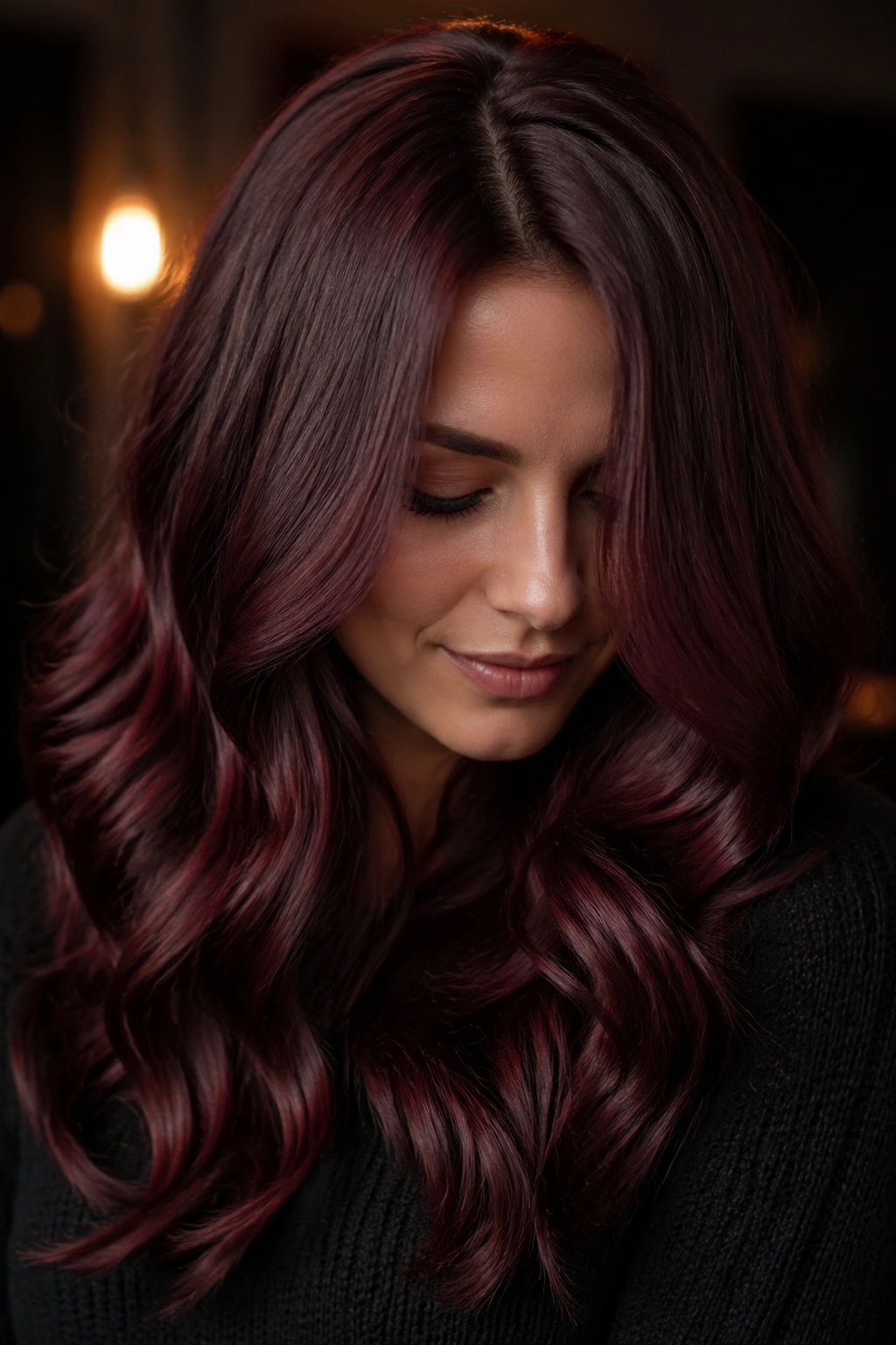Close-up of mulled wine brown hair with wine-red glaze on a real person