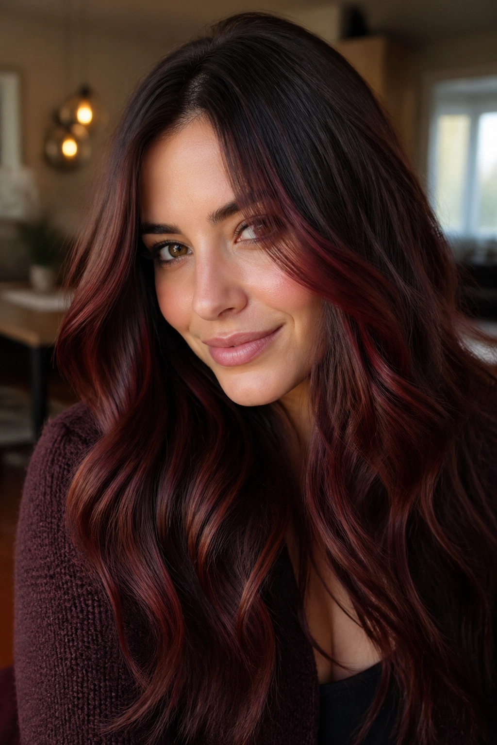 Portrait of a real woman with mulled wine dimensional brunette color