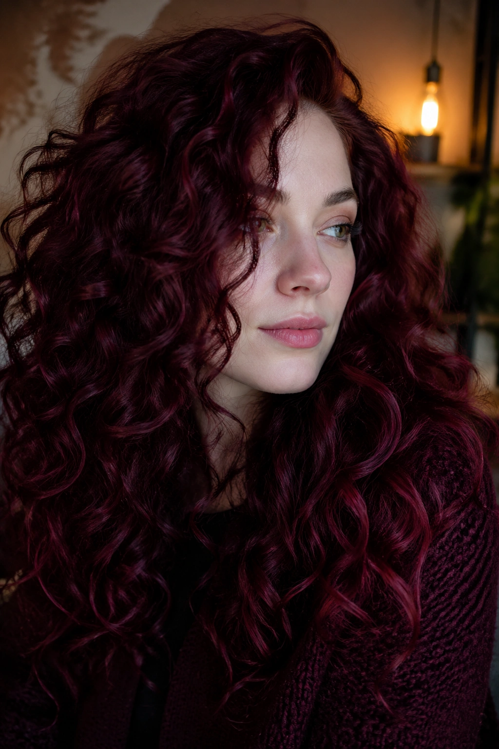 Close-up of mulled wine curls with violet reflections on pale skin