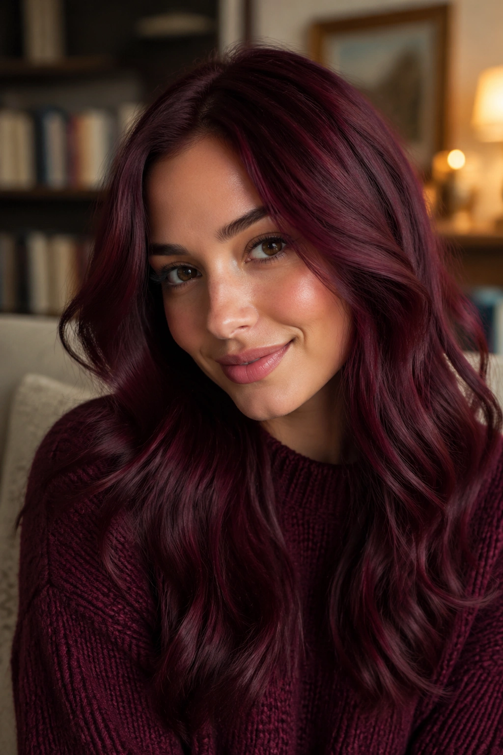 Close-up portrait of a real woman with mulled wine red hair under warm fall light