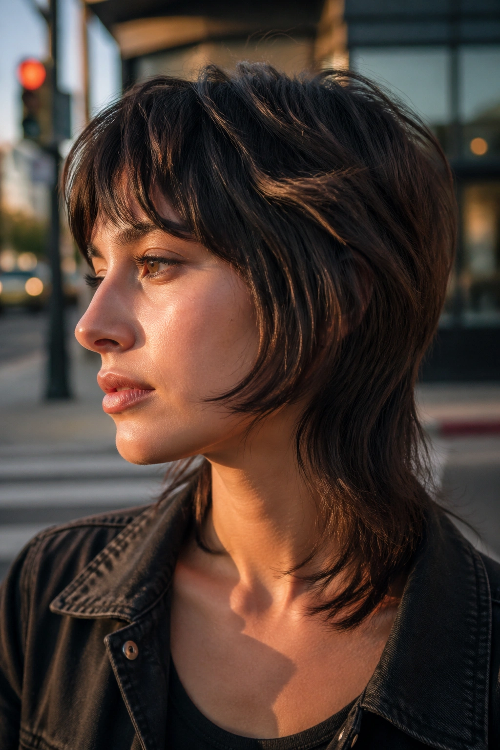 Close-up portrait of a real person with mullet bob hybrid hairstyle on an urban street corner at golden hour