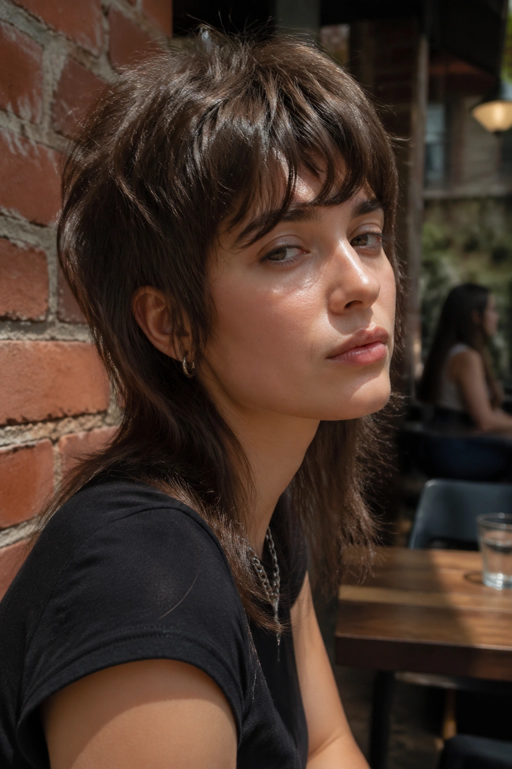Portrait of a real person with a modern mullet-inspired medium cut outdoors