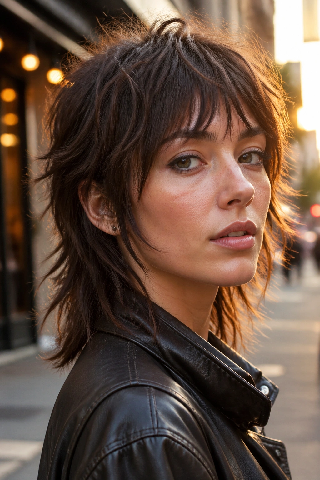 Close-up of a person with piecey mullet shag and wispy bangs on a city street at golden hour