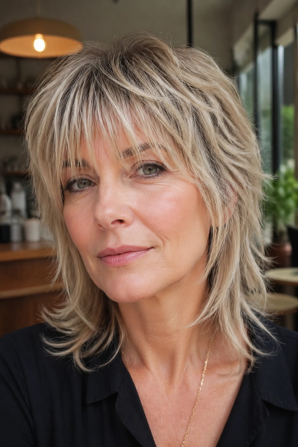 Close-up of a real woman with a soft modern mullet and wispy bangs.
