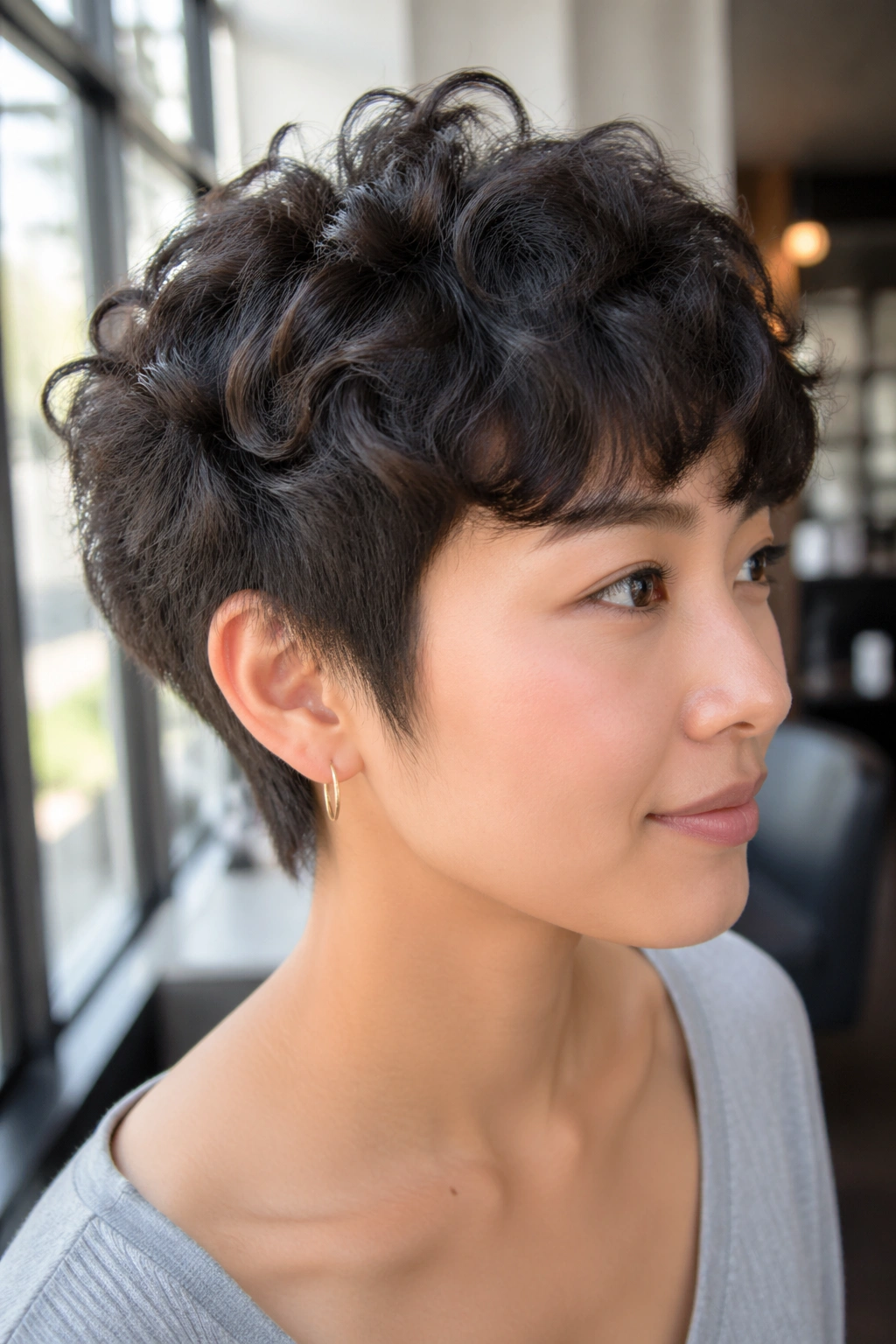 Portrait of thick short hair with multi-texture perm showing varied curls