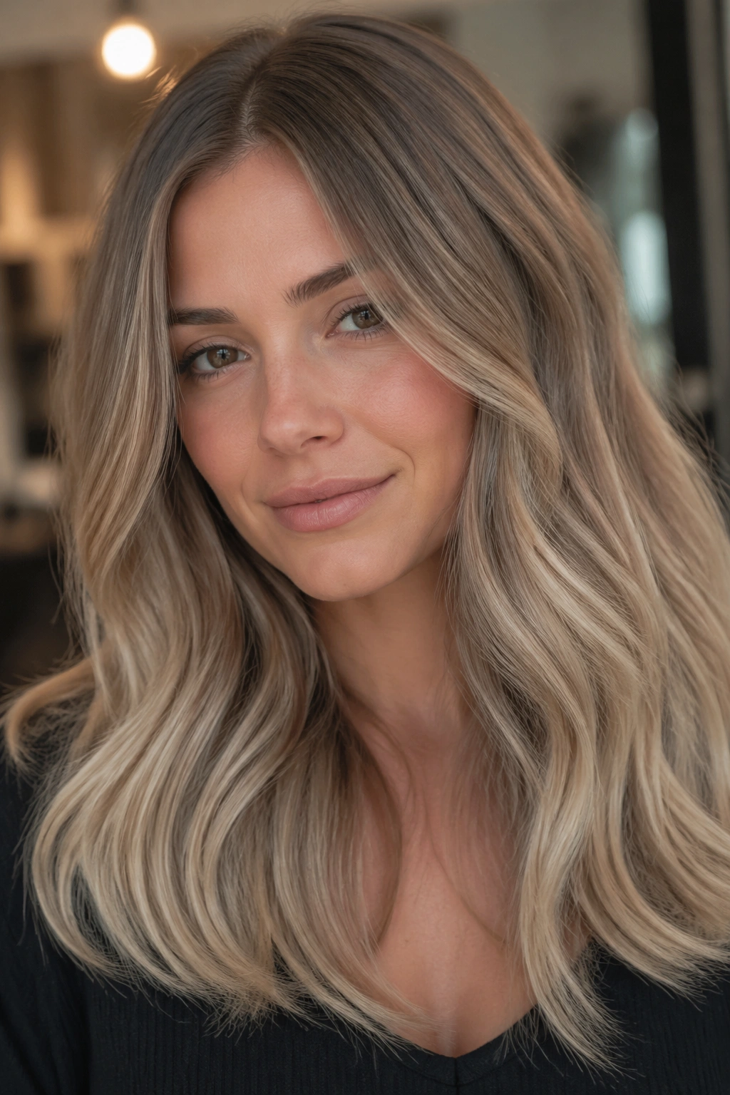 Close-up portrait of a woman with mushroom blonde hair and beige ends in soft light.