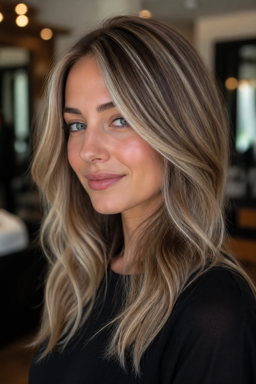 Close-up of a real woman with mushroom blonde blend and soft face-framing highlights