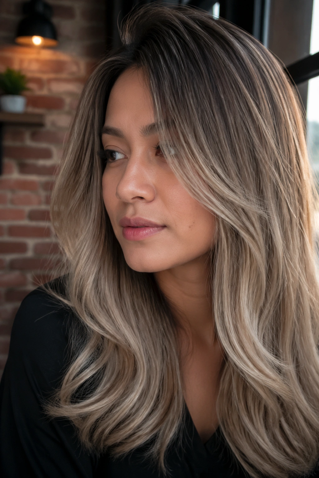Portrait of a woman with mushroom blonde and cool beige ends in cafe lighting