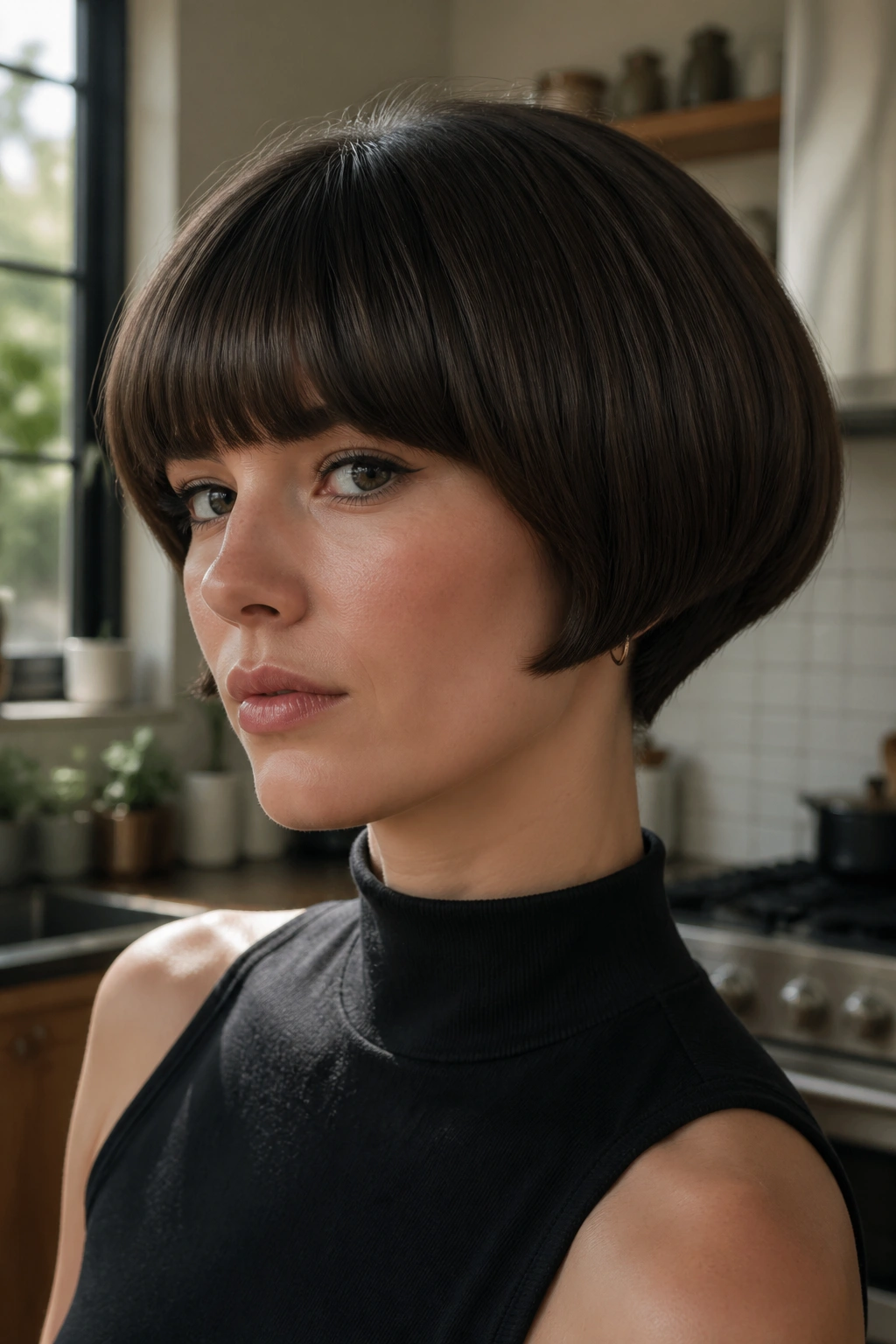 Close-up portrait of a real person with a mushroom bob for thick straight hair