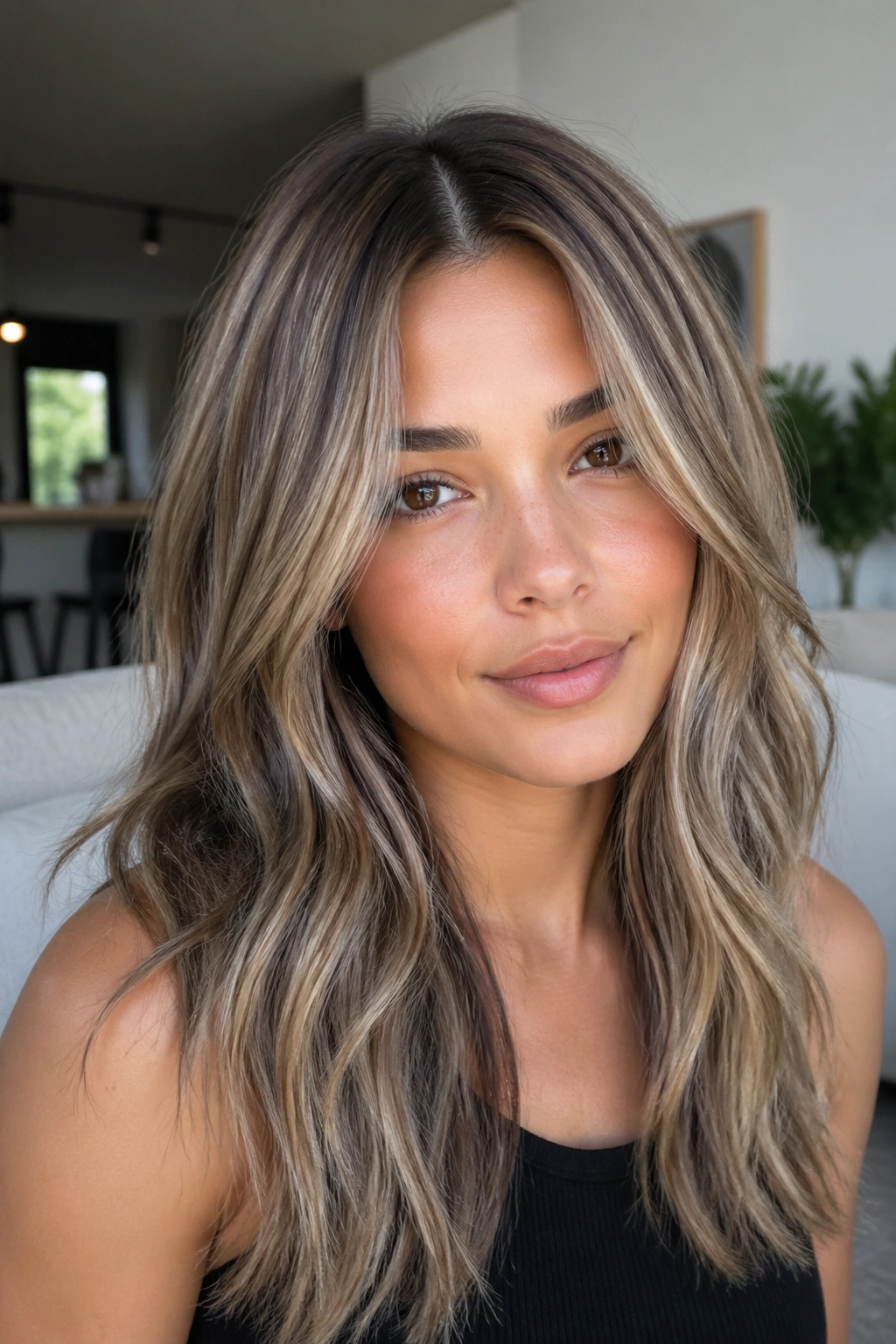 Close-up of real woman with mushroom bronde hair.
