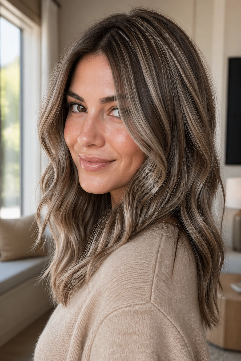 Close-up portrait of a real woman with mushroom bronde hair showing beige highlights and brown lowlights