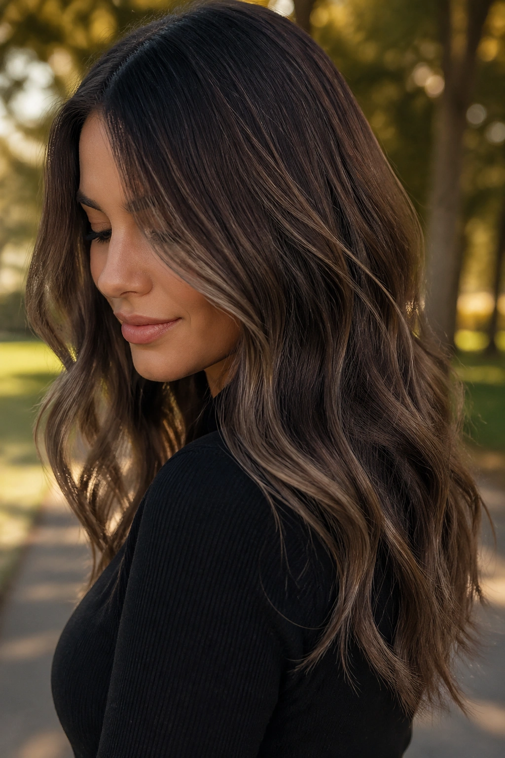 Close-up of a real woman with mushroom brown balayage in outdoor light