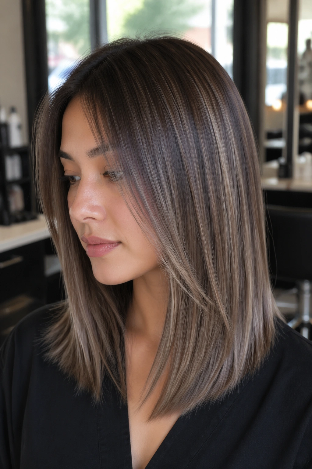 Close-up portrait of real woman with mushroom brown balayage on straight hair in a salon