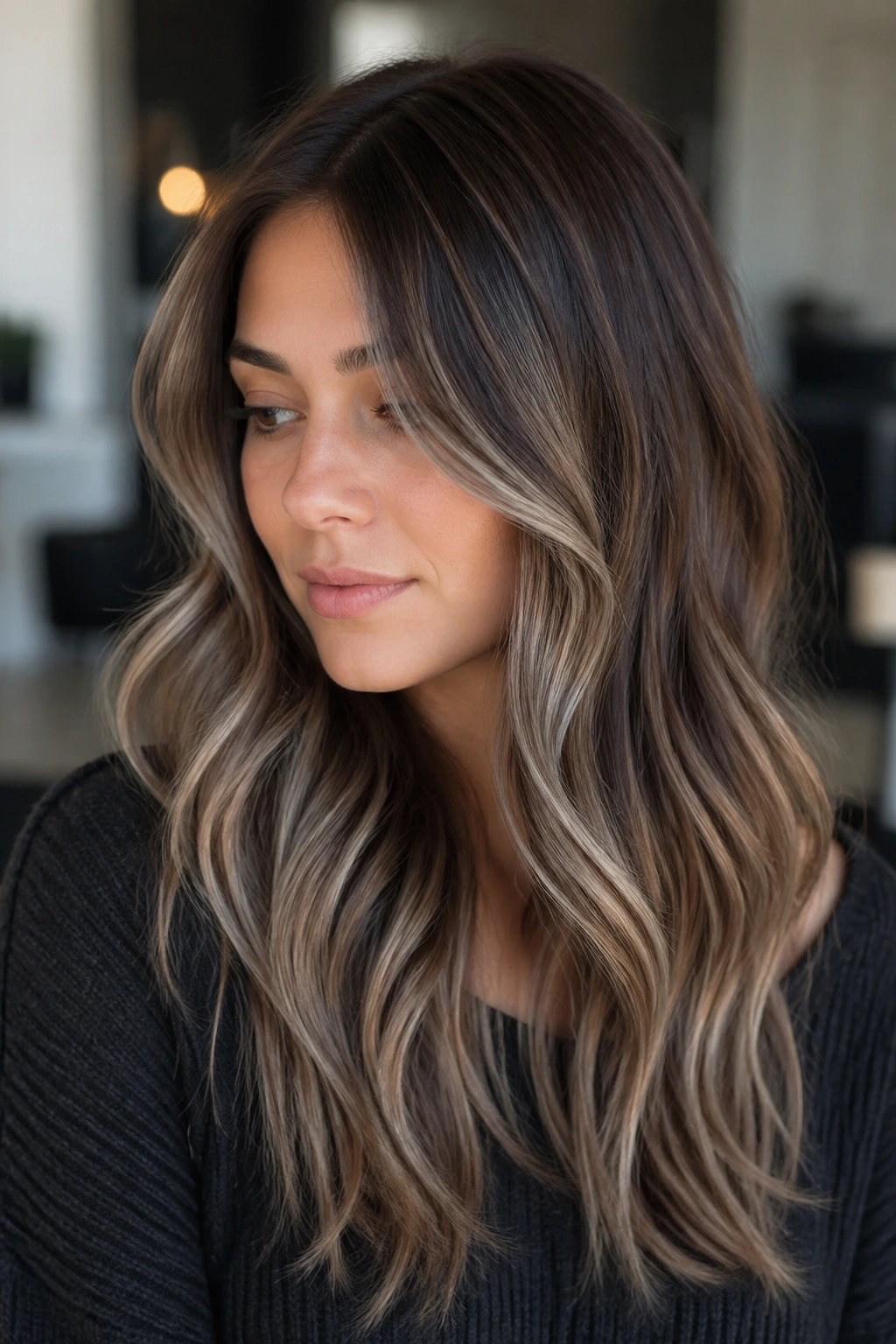 Close-up portrait of mushroom brown balayage on real hair.