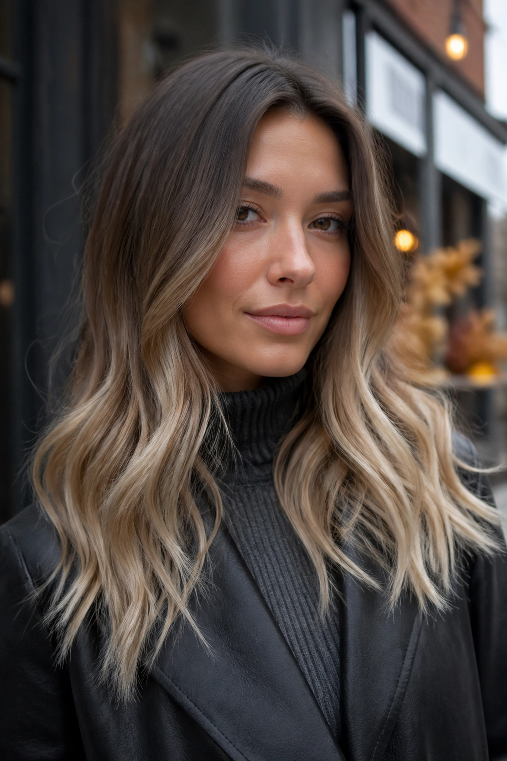 Close-up of mushroom brown to beige ombre on a real person