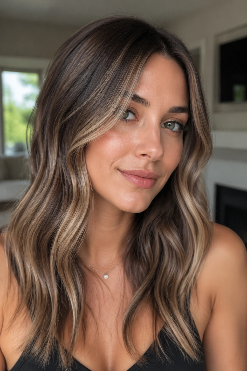 Real woman's hair with mushroom brown contour highlights framing the face.