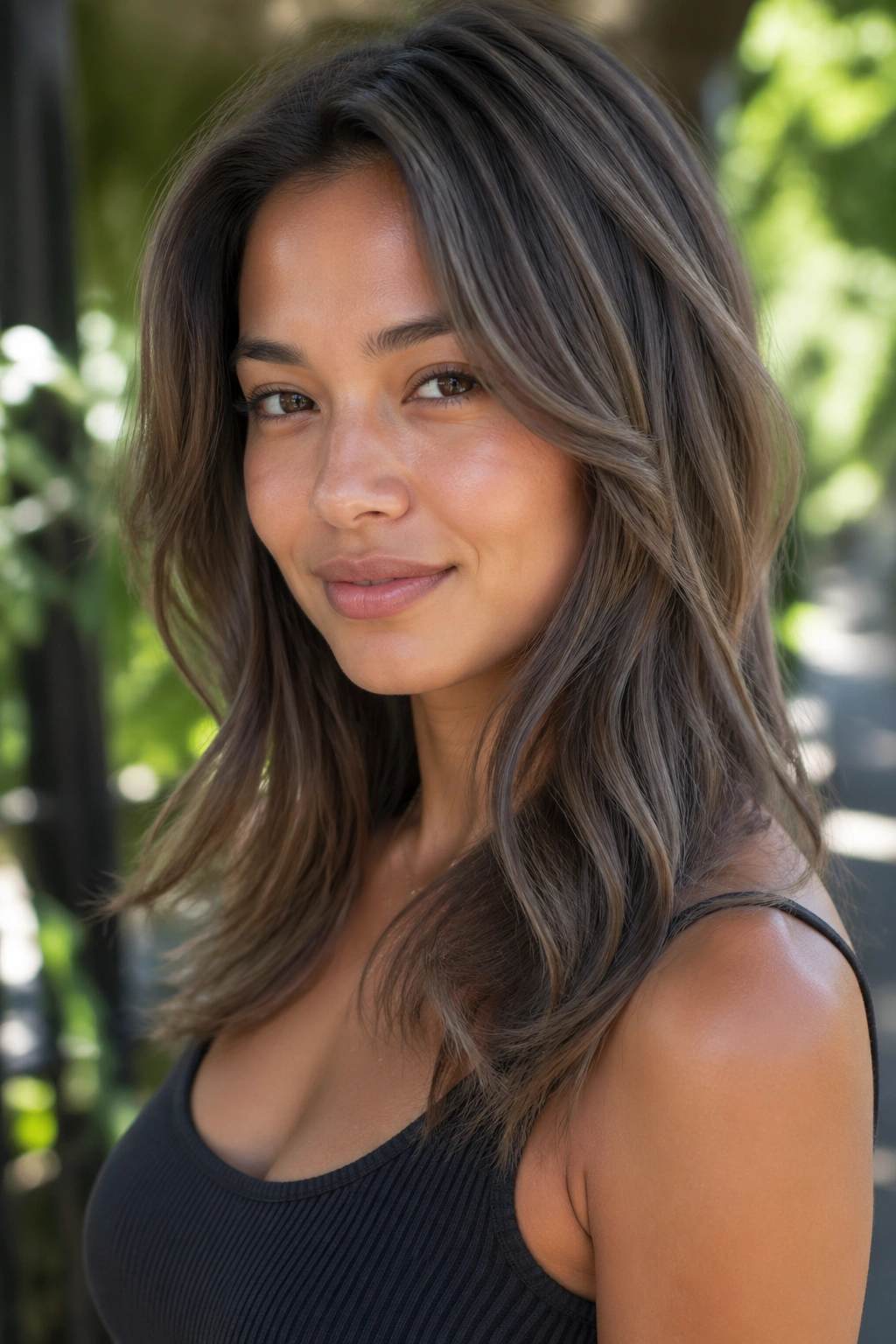 Portrait of a real woman with mushroom brown hair in cool earthy tones under natural outdoor light