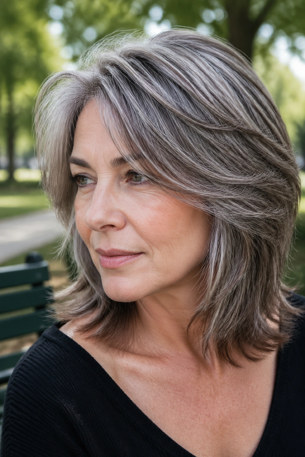 Portrait of a woman with a feathered shoulder cut and mushroom brown lowlights in natural outdoor light