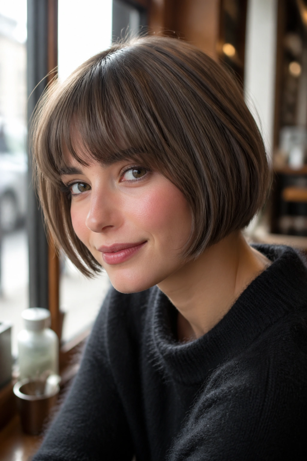 Real woman with a mushroom brown French bob and cheek-skimming fringe.