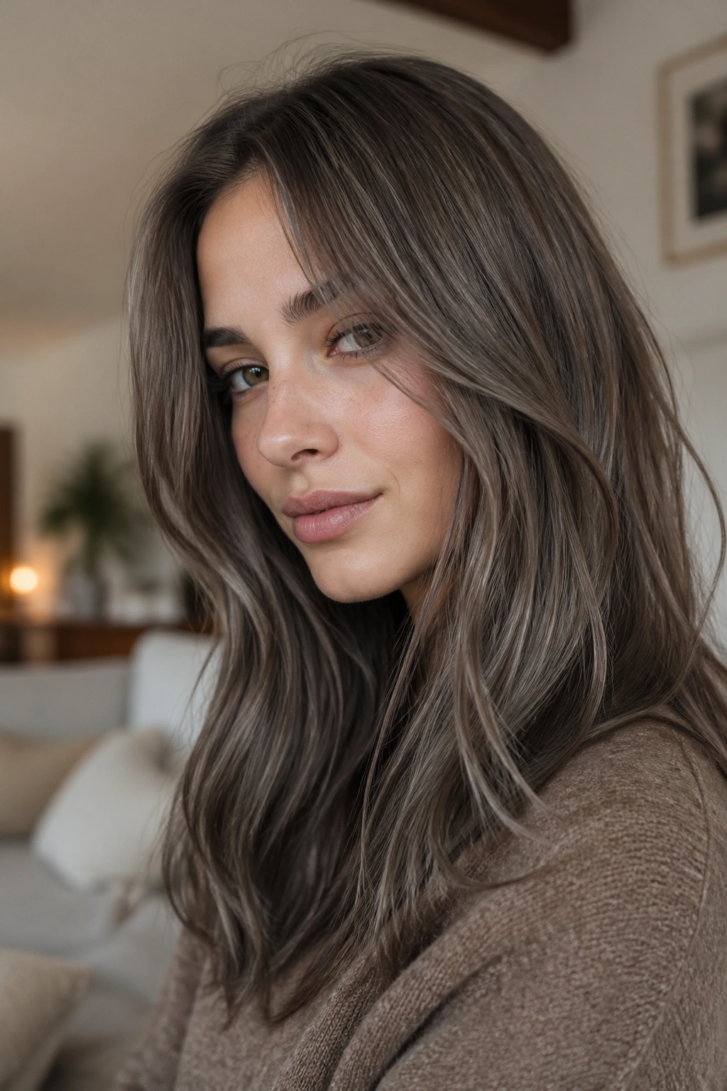 Close-up portrait of a real person with mushroom brown hair in a cozy living room