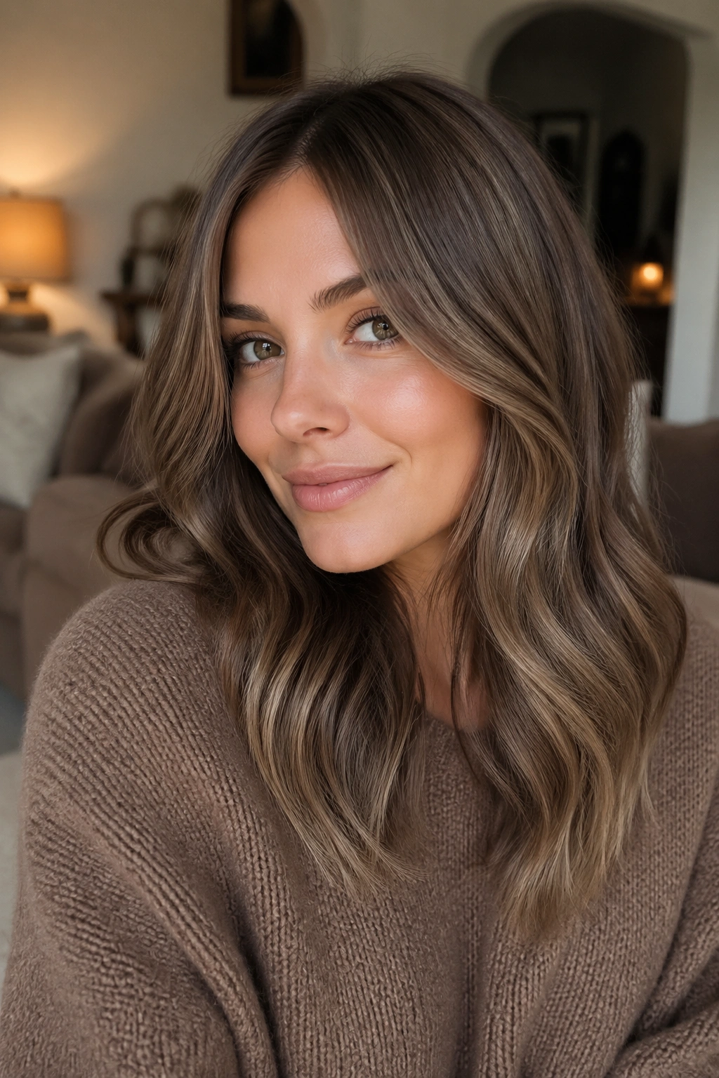 Close-up portrait of a real woman with mushroom brown hair in warm indoor light