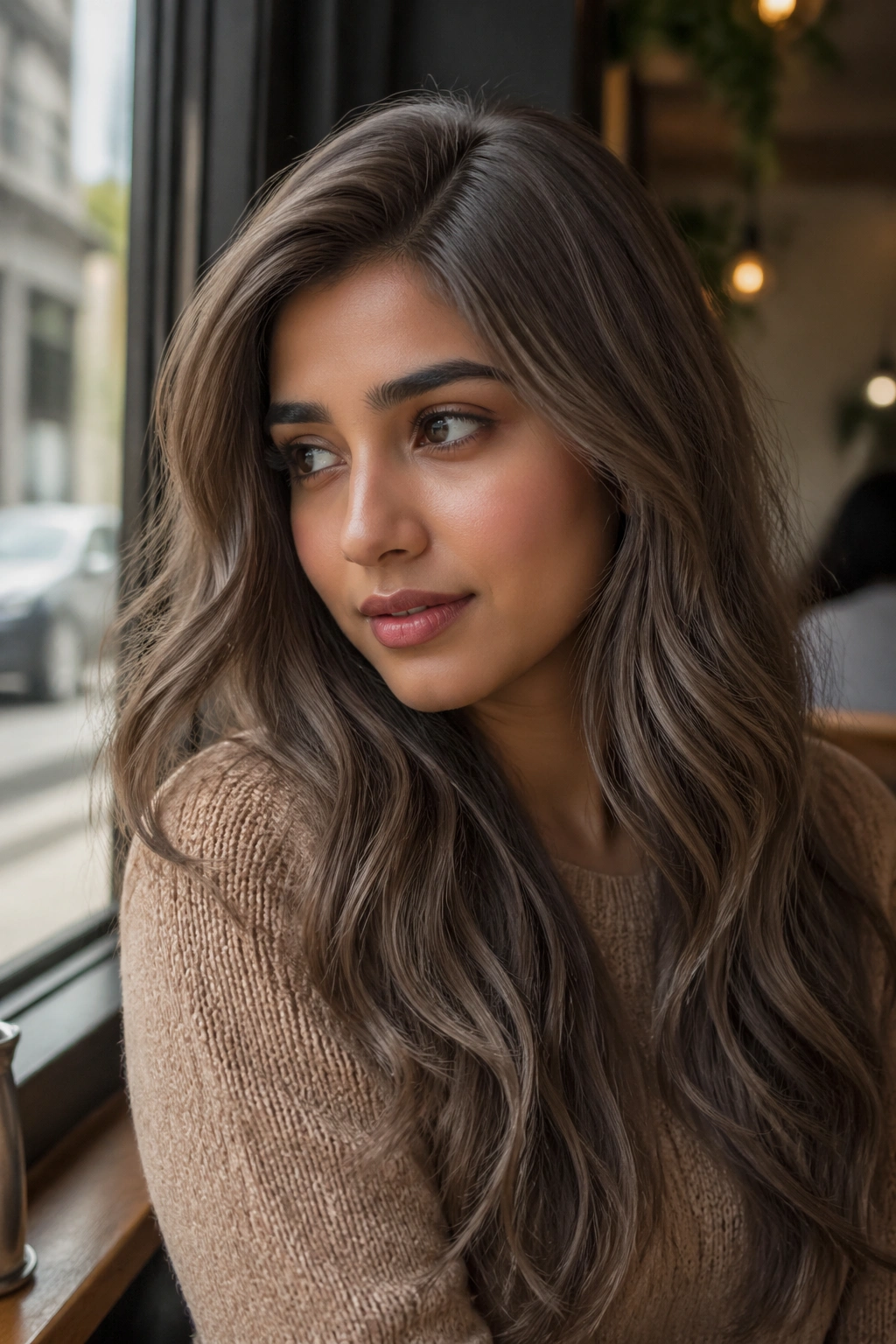 Close-up of a real woman with mushroom brown hair in natural cafe window light