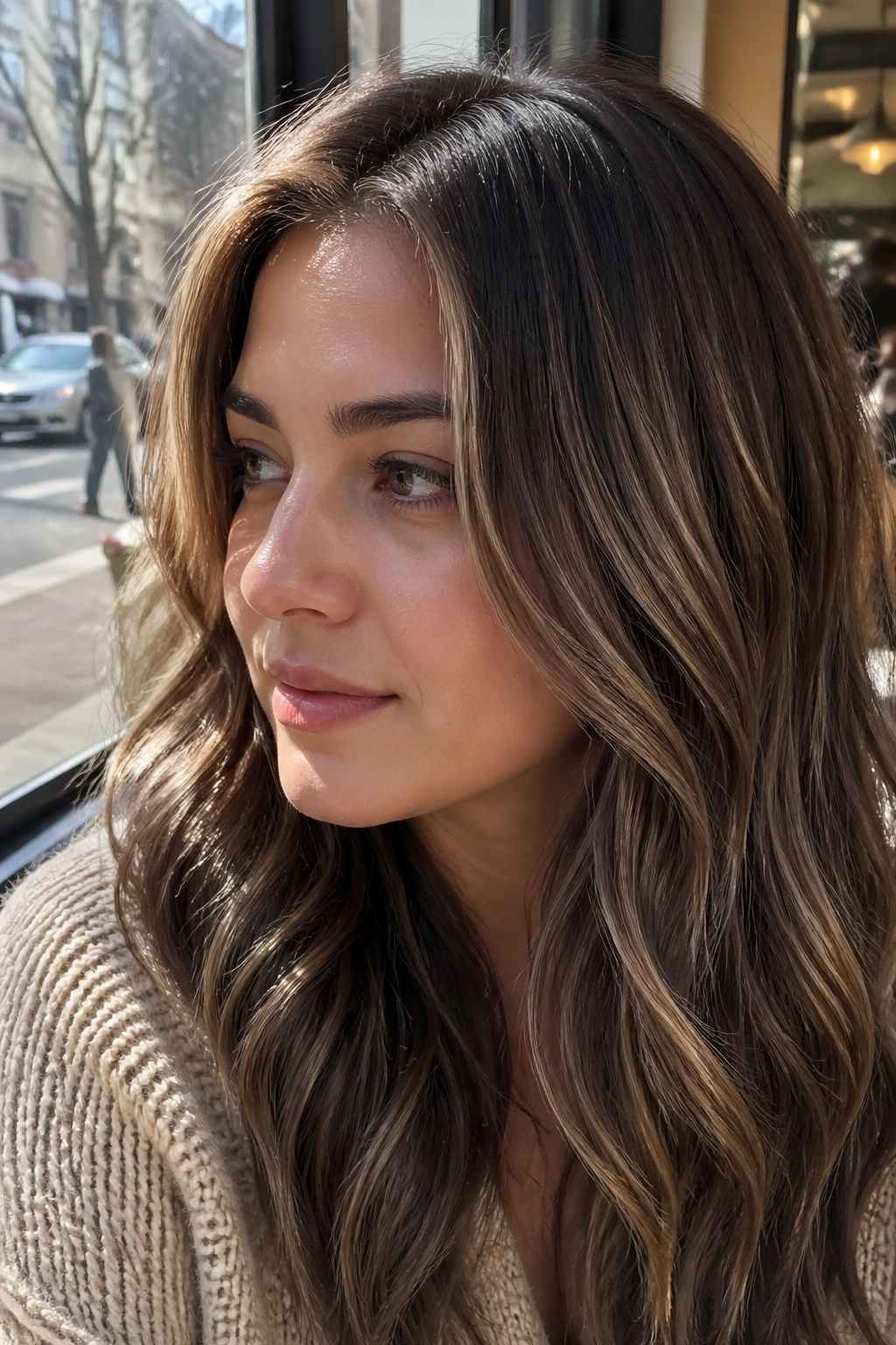 Close-up of brunette with cool taupe ribbons in a cafe setting