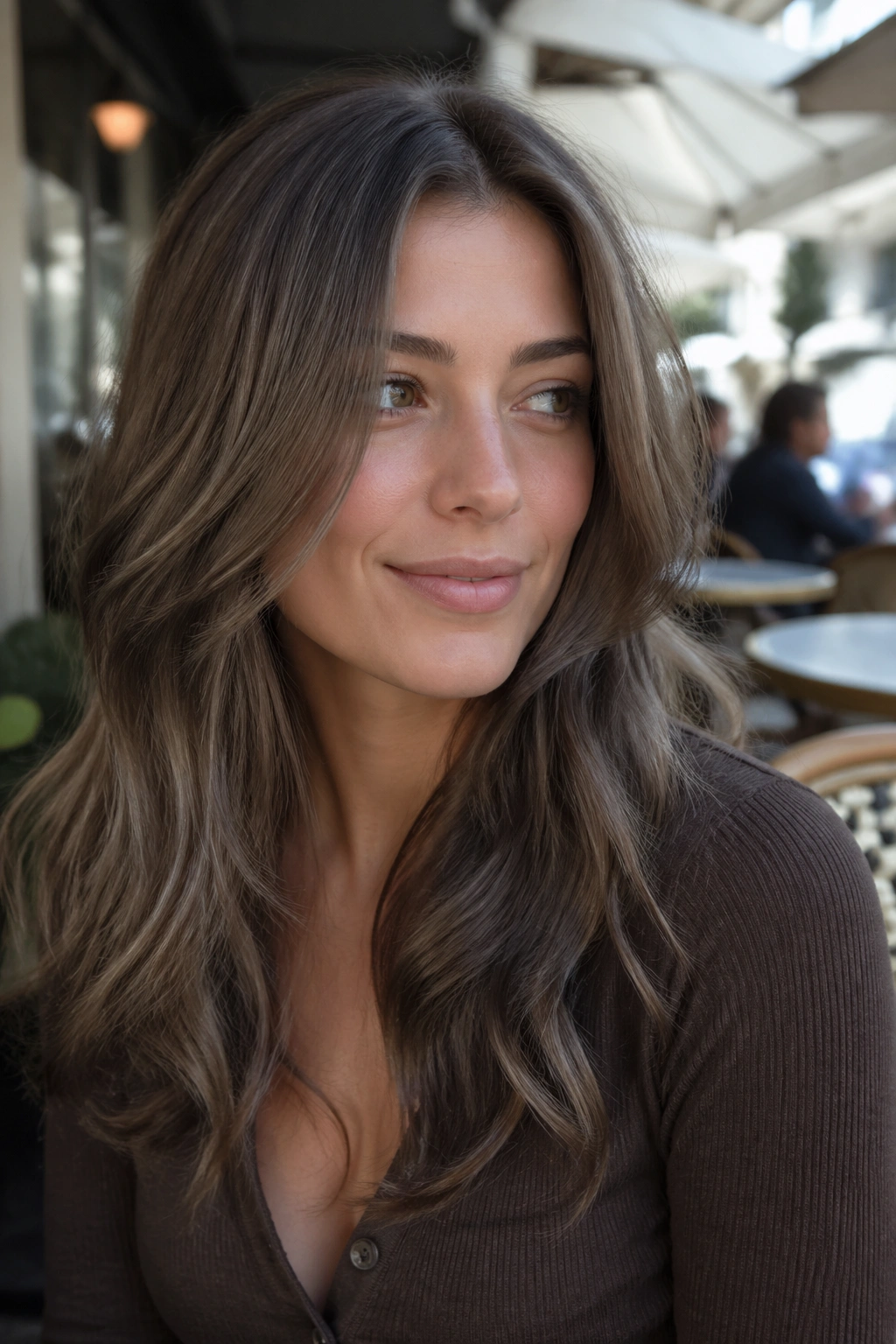 Close-up portrait of a woman with mushroom brown hair color in natural light