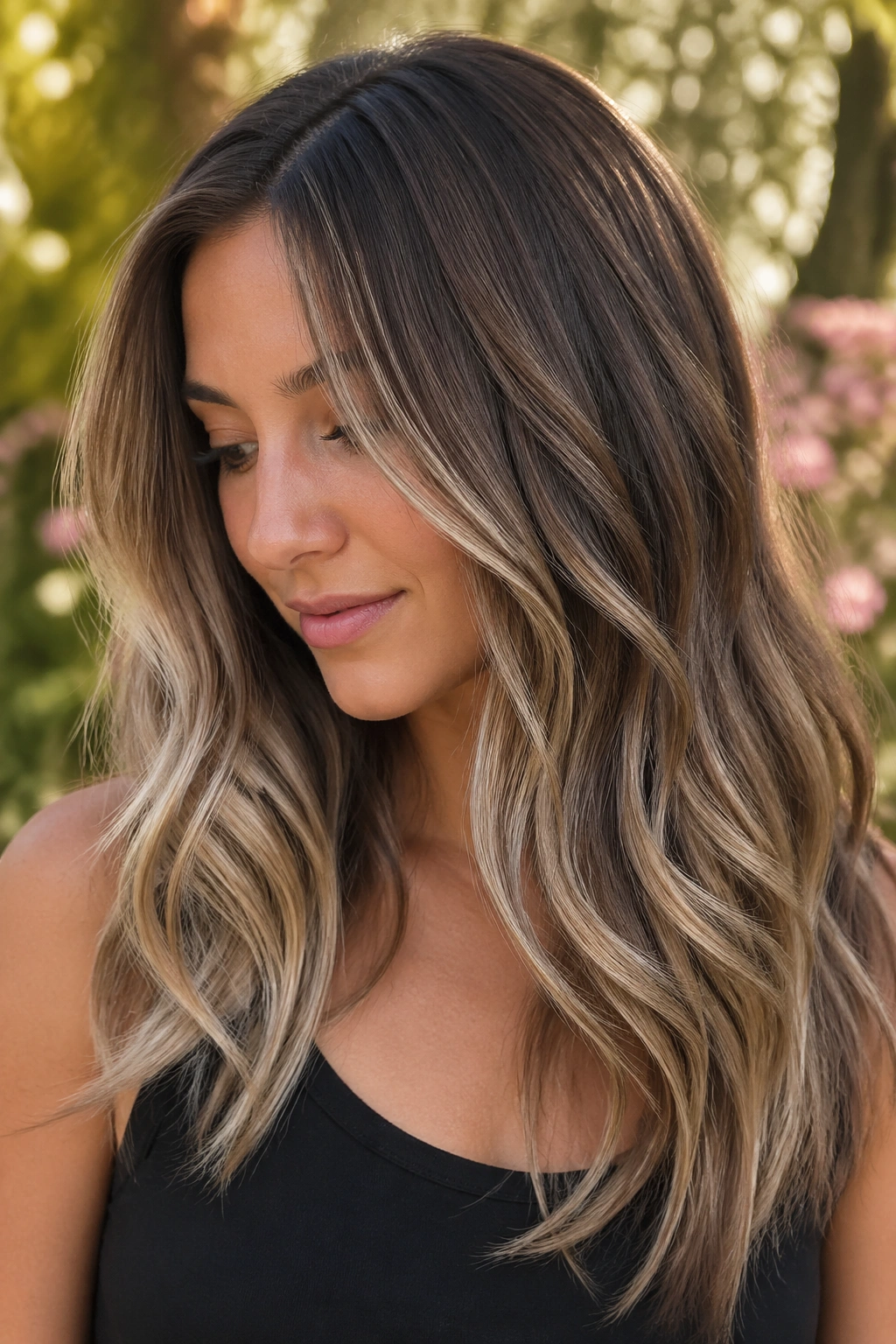 Close-up of a real woman with mushroom brunette-to-blonde blend hair in outdoor light