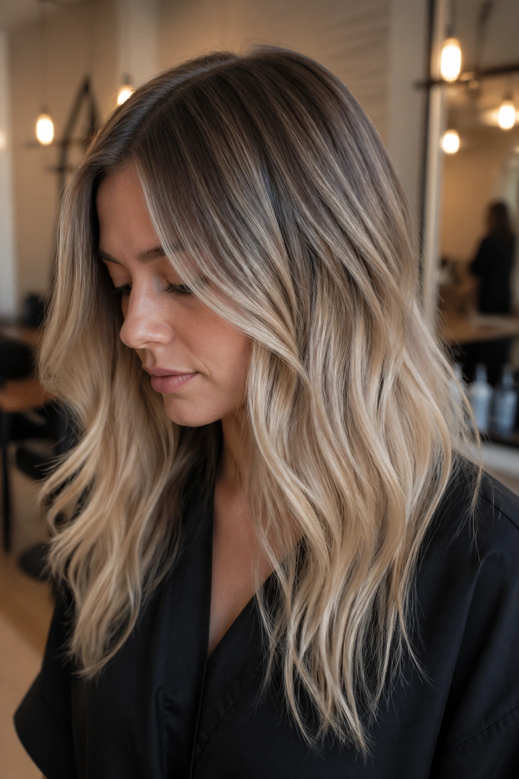 Close-up of a woman with mushroom-root melt hair transitioning from brunette to blonde.