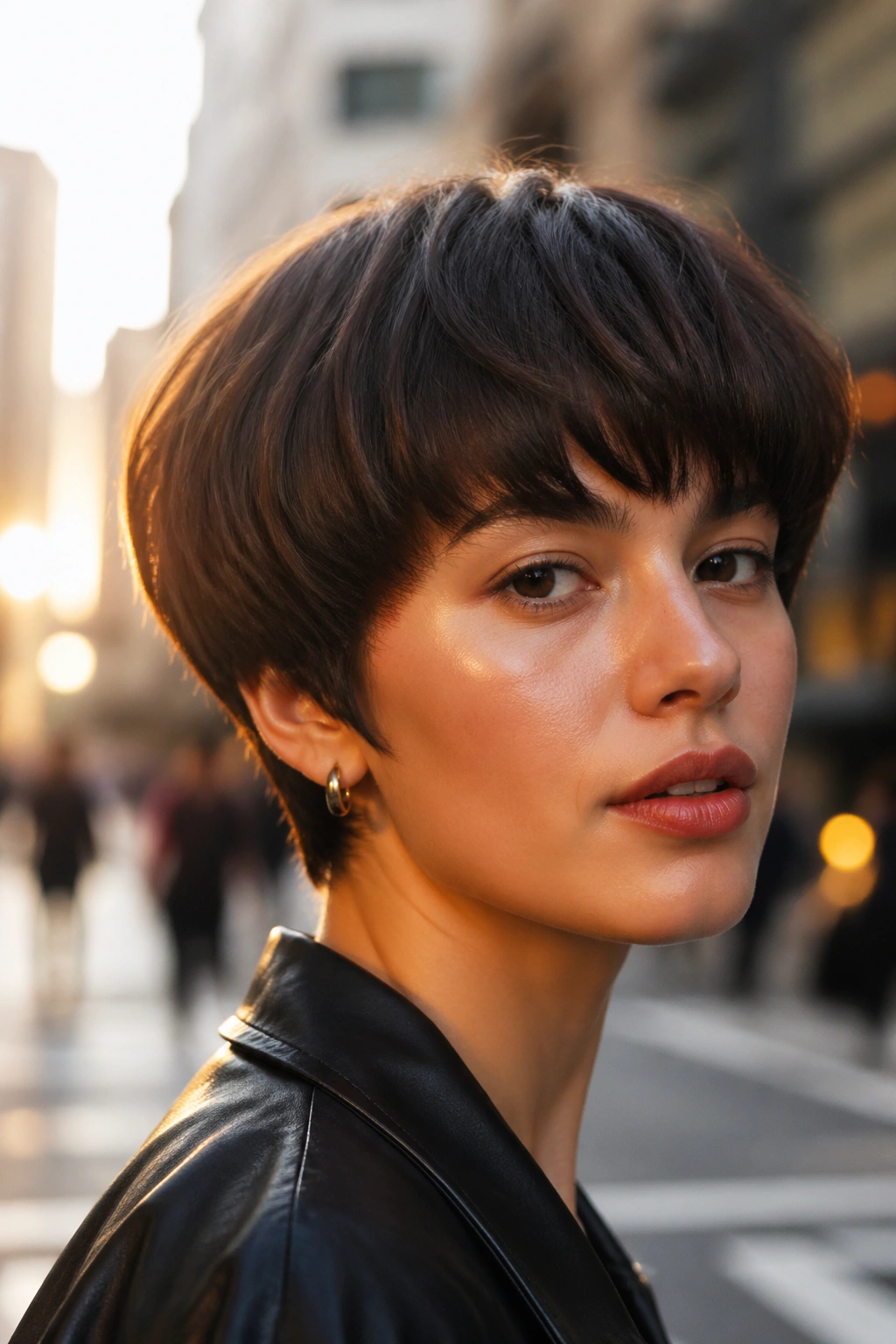 Close-up of real woman with modern mushroom cut on city street