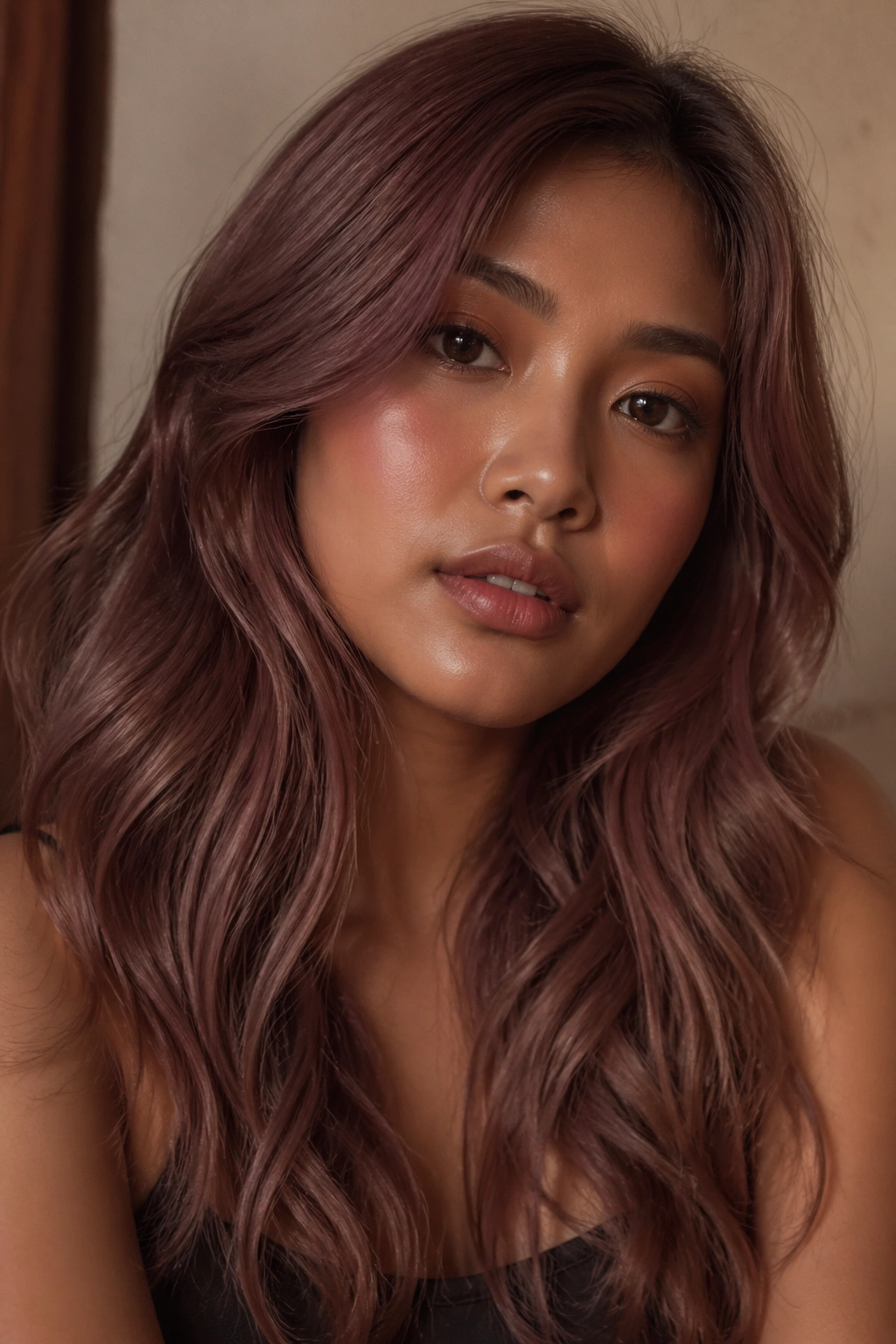 Close-up of a woman with muted rose brown hair in warm light.