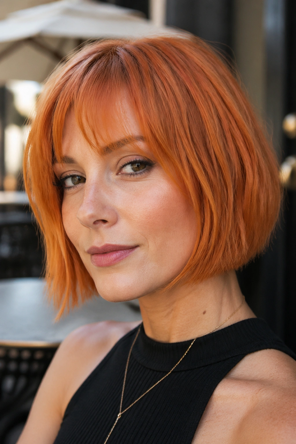 Close-up of a real person with a muted tangerine bob in soft daylight