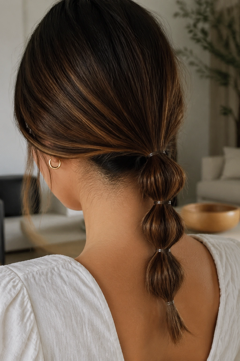 Back view of real woman with a low bubble braid along the nape