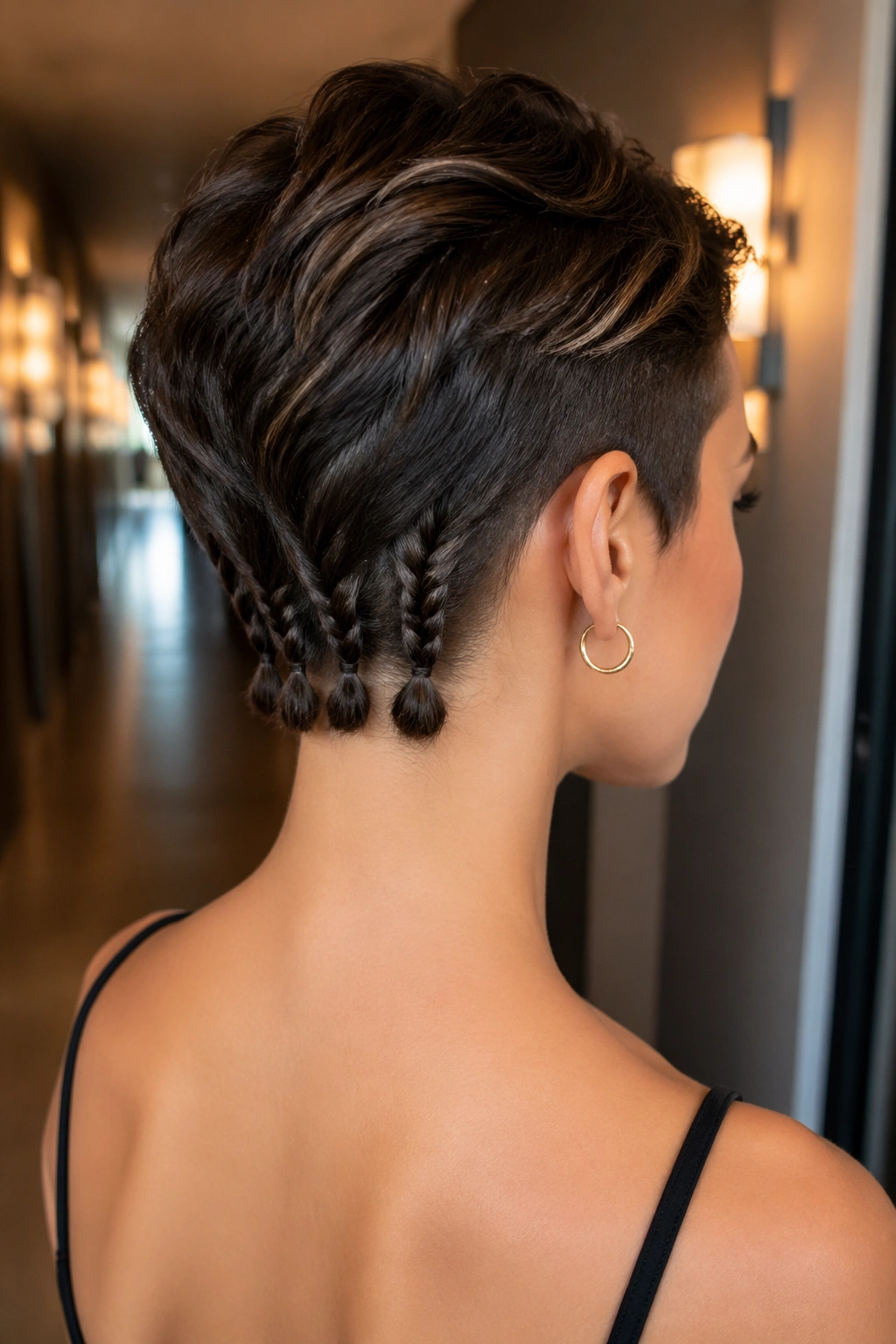Back view of pixie cut with low-nape bubble braids.