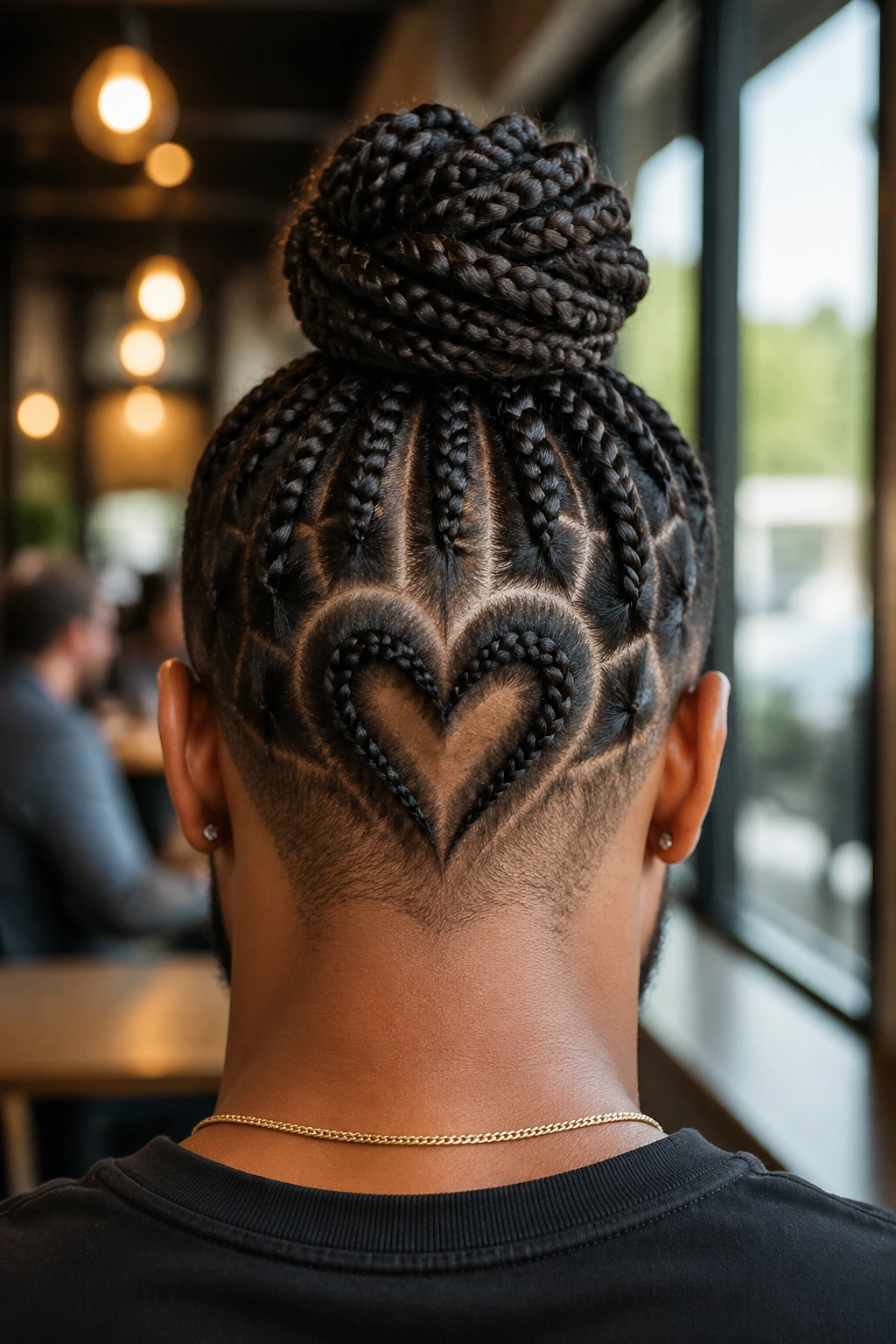 Rear view of a man showing a heart design at the nape of the neck.