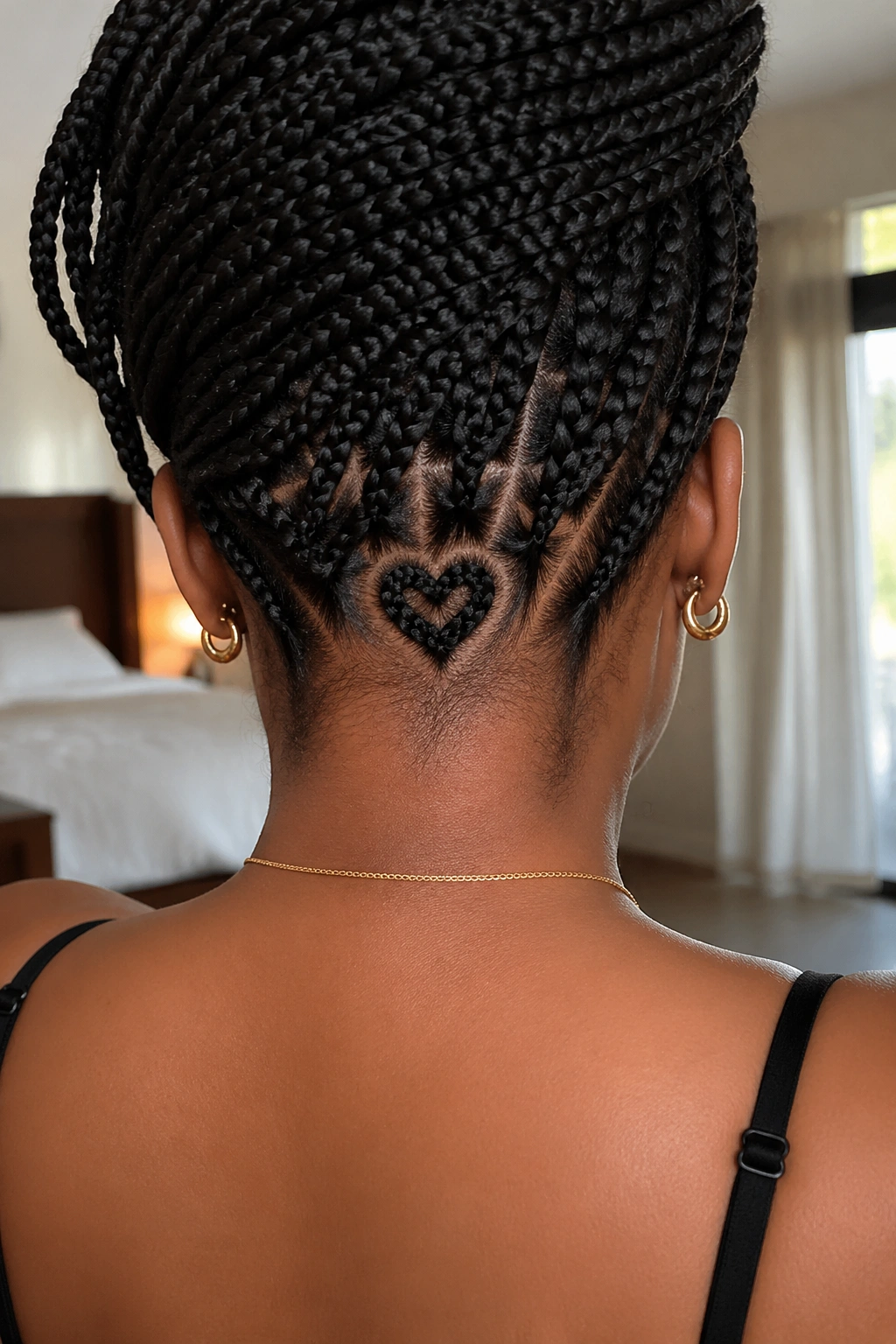 Back view of real woman with hidden heart braid at the nape