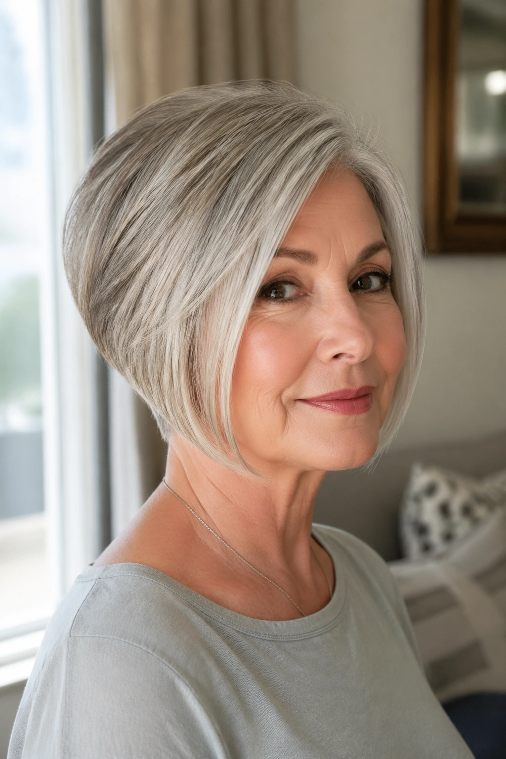 Close-up portrait of a real woman with a nape-hugging crop and longer front in a sunlit room