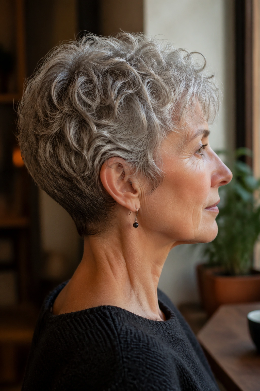 Profile close-up of a real woman with a nape-hugging crop at the neck