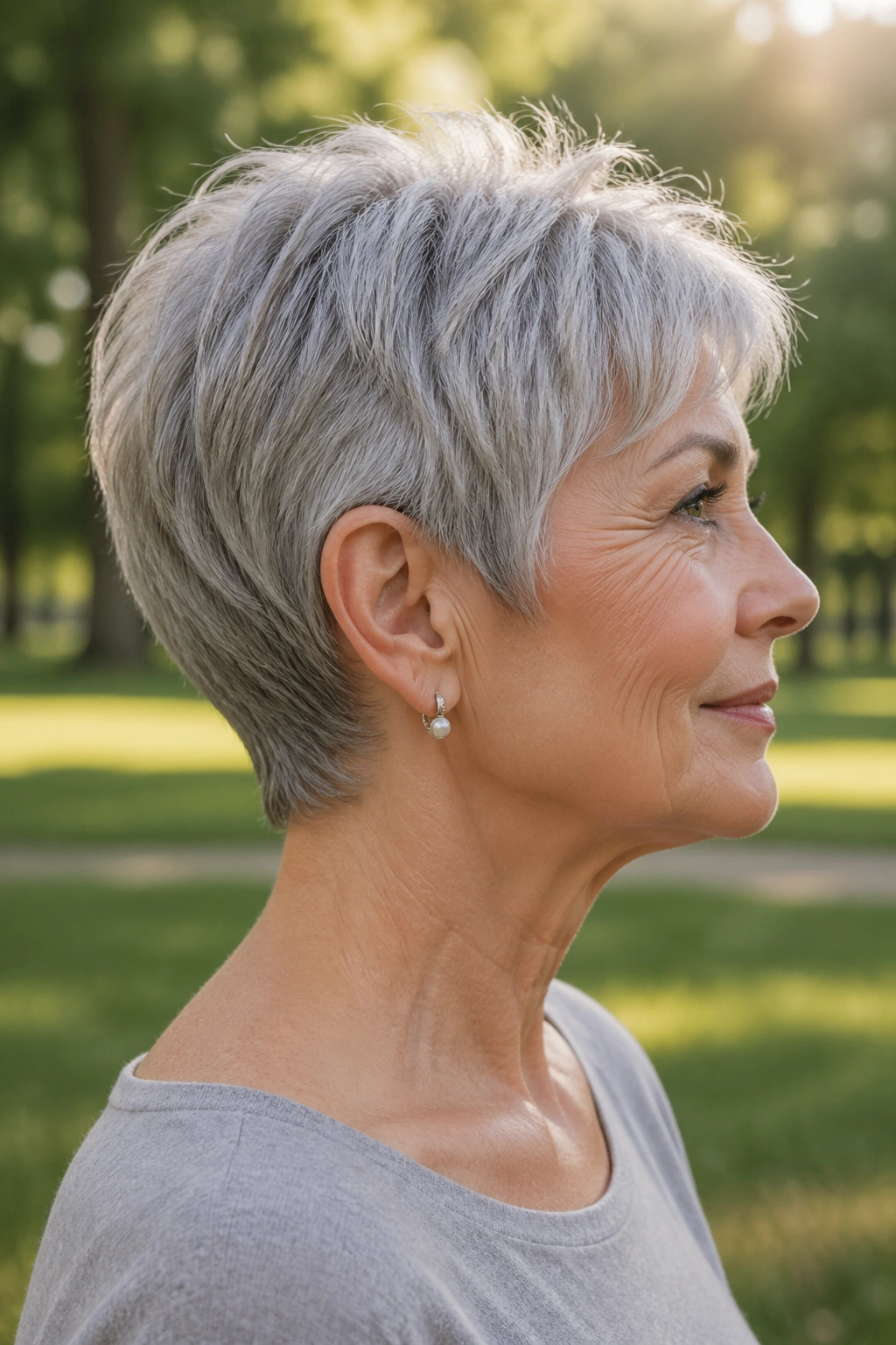 Side-profile of a woman with nape-hugging pixie hairstyle against a green park background