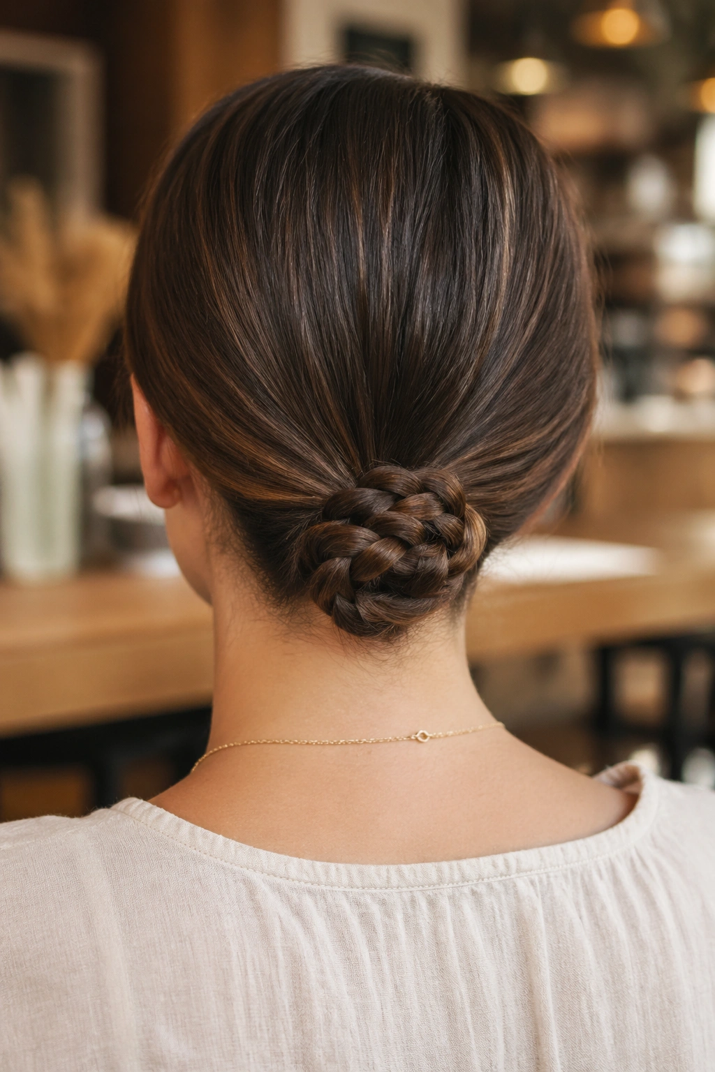 Back view of a real woman with a braided nape knot tucked at the nape