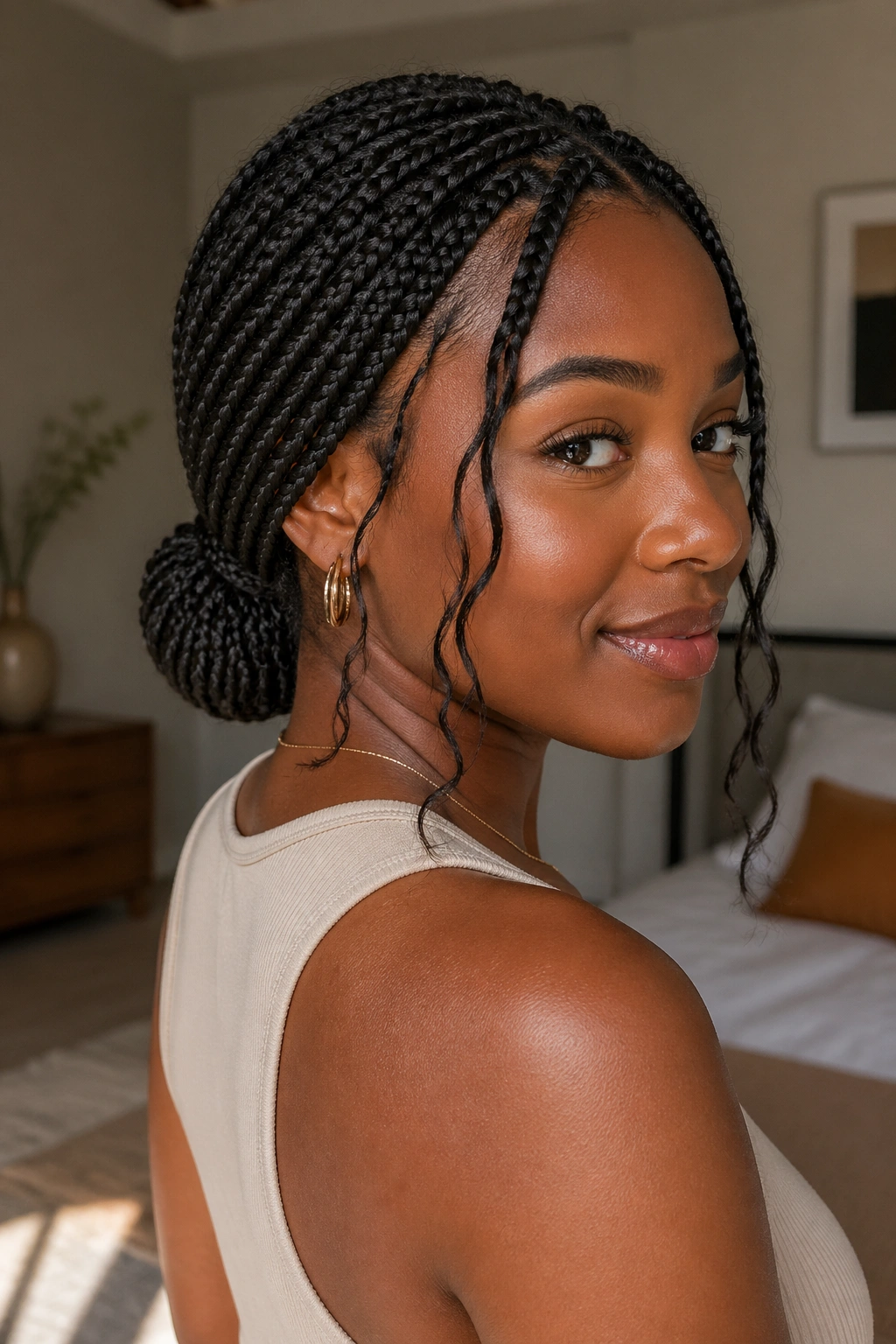 Close-up of a real person with a nape knot and face-framing braids